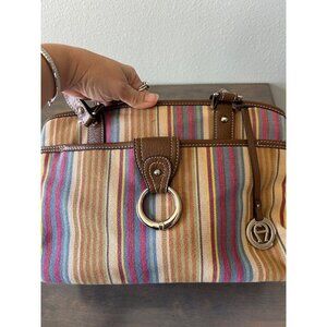 Etienne Aigner Striped Canvas Shoulder Bag Multi Colored Leather Straps